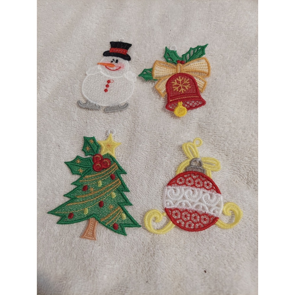 Christmas Ornaments Applique Embroidery Snowman‎ Tree Bell Ball Set of 4